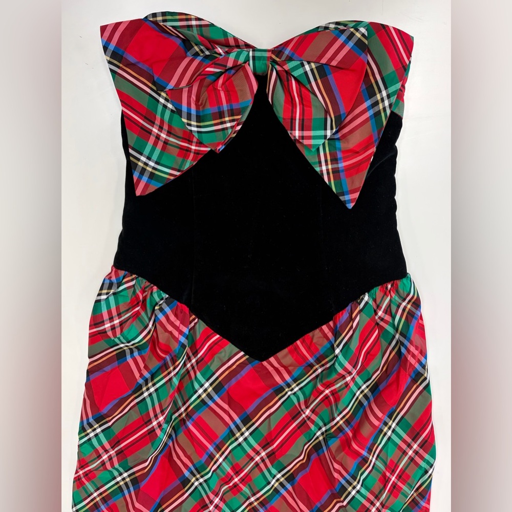 Vintage Leslie Lucks Holiday Tartan Plaid Bow Velvet Drop Waist Strapless Dress - Picture 13 of 14